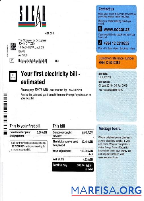 Printable Azerbaijan Socar electricity utility bill template, fully editable in PSD format